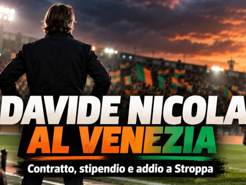 Davide Nicola al Venezia, nuovo allenatore dopo l'esonero di Giovanni Stroppa, rappresentato di spalle allo stadio con i colori arancione e verde.