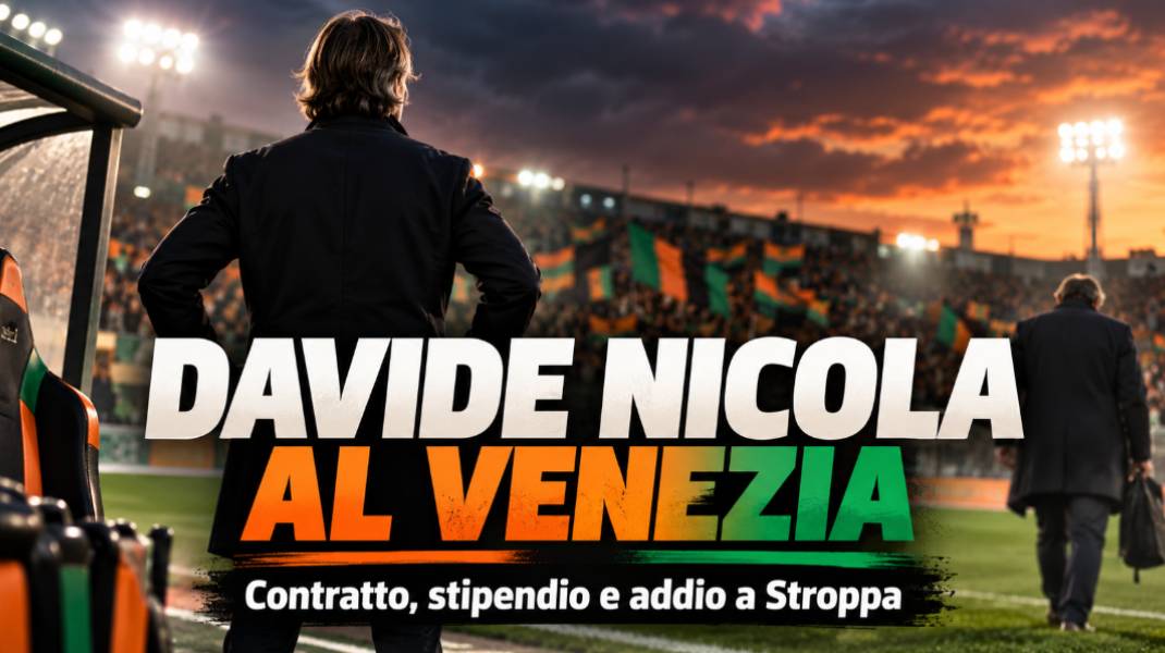 Davide Nicola al Venezia, nuovo allenatore dopo l'esonero di Giovanni Stroppa, rappresentato di spalle allo stadio con i colori arancione e verde.