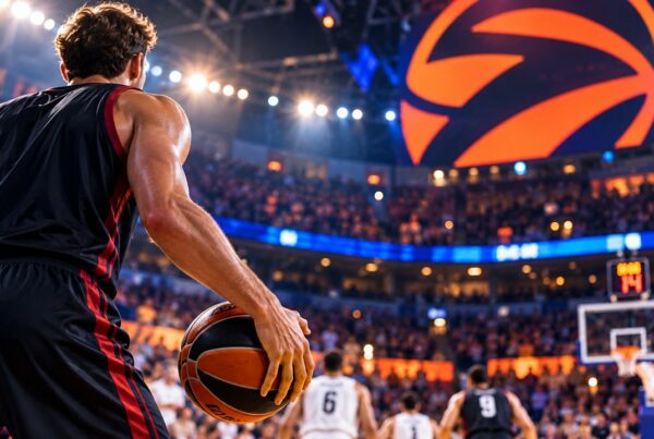 Eurolega basket 2026/27: giocatore di spalle con pallone durante una partita in un palazzetto illuminato.