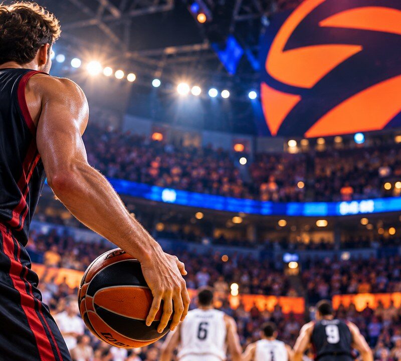 Eurolega basket 2026/27: giocatore di spalle con pallone durante una partita in un palazzetto illuminato.