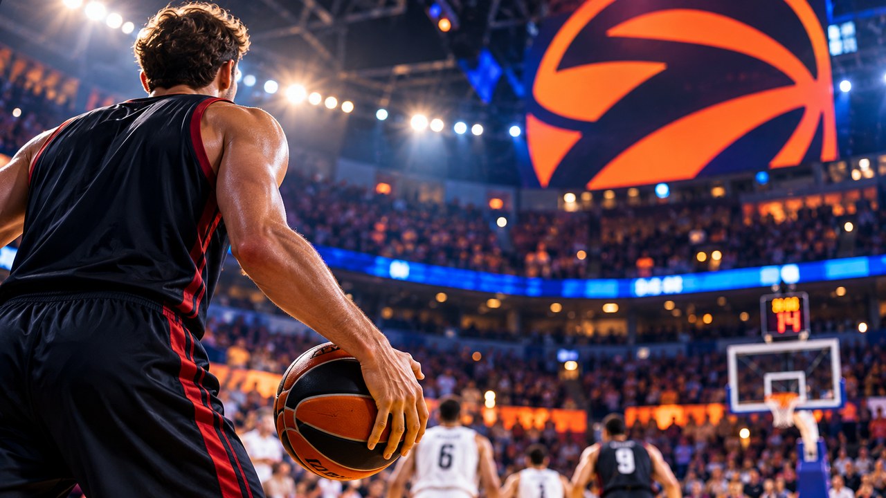 Eurolega basket 2026/27: giocatore di spalle con pallone durante una partita in un palazzetto illuminato.