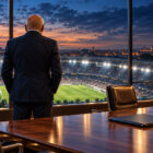 Elezioni FIGC 2026: illustrazione di un dirigente di spalle in una sala riunioni affacciata su uno stadio illuminato, con bandiera italiana sul tavolo.