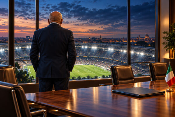 Elezioni FIGC 2026: illustrazione di un dirigente di spalle in una sala riunioni affacciata su uno stadio illuminato, con bandiera italiana sul tavolo.