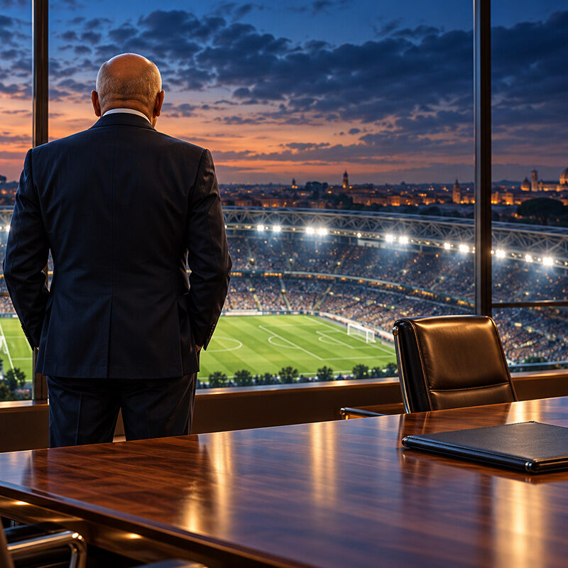 Elezioni FIGC 2026: illustrazione di un dirigente di spalle in una sala riunioni affacciata su uno stadio illuminato, con bandiera italiana sul tavolo.
