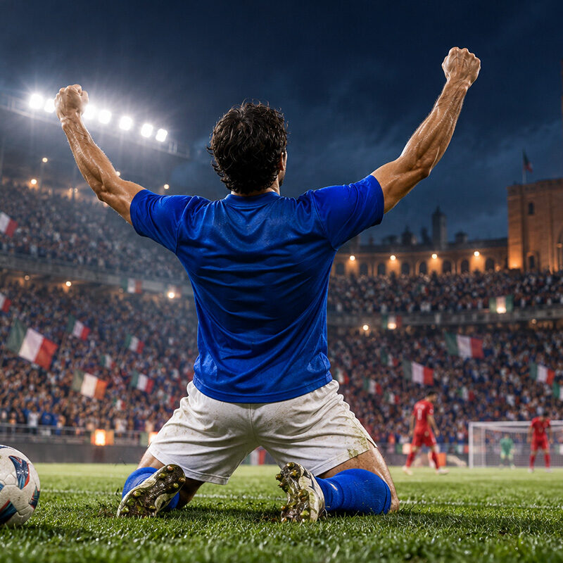 Italia Turchia 3-1: illustrazione di un calciatore azzurro di spalle che esulta in ginocchio allo stadio Dall’Ara