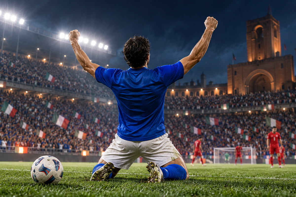 Italia Turchia 3-1: illustrazione di un calciatore azzurro di spalle che esulta in ginocchio allo stadio Dall’Ara