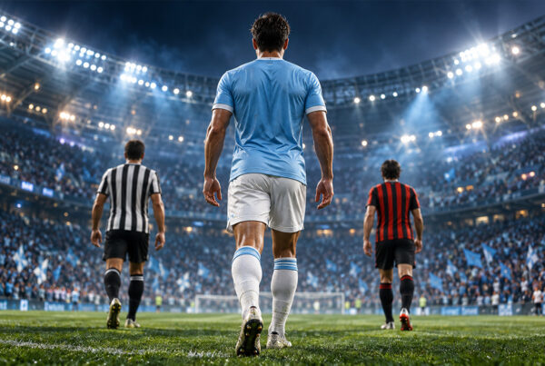 Juve Milan e Lazio: tre calciatori di spalle nello stadio illuminato, con il giocatore in maglia celeste in primo piano.