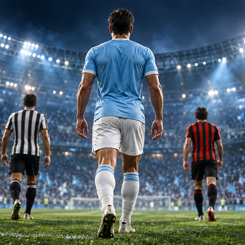 Juve Milan e Lazio: tre calciatori di spalle nello stadio illuminato, con il giocatore in maglia celeste in primo piano.