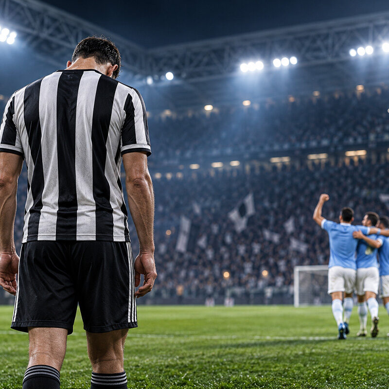 Juventus-Lazio 0-3: illustrazione di un calciatore bianconero di spalle, a testa bassa, mentre i giocatori della Lazio festeggiano sullo sfondo.