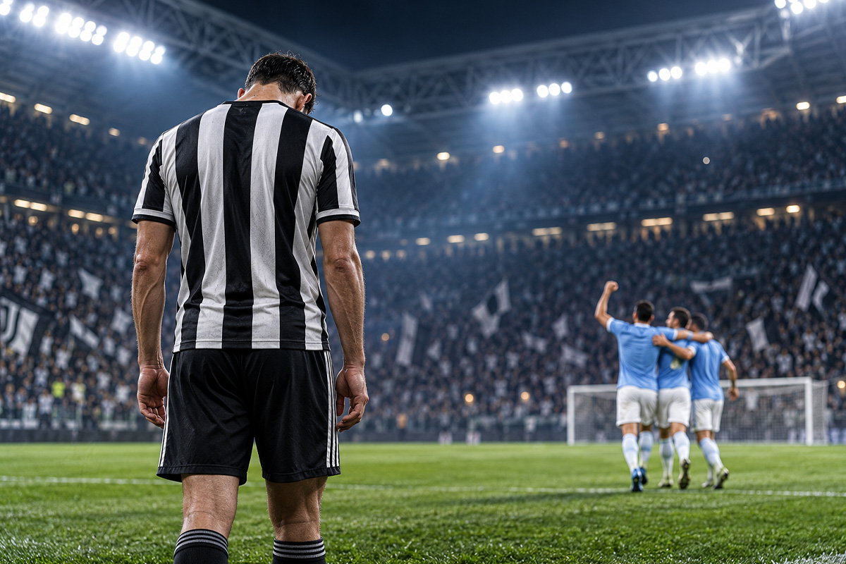 Juventus-Lazio 0-3: illustrazione di un calciatore bianconero di spalle, a testa bassa, mentre i giocatori della Lazio festeggiano sullo sfondo.