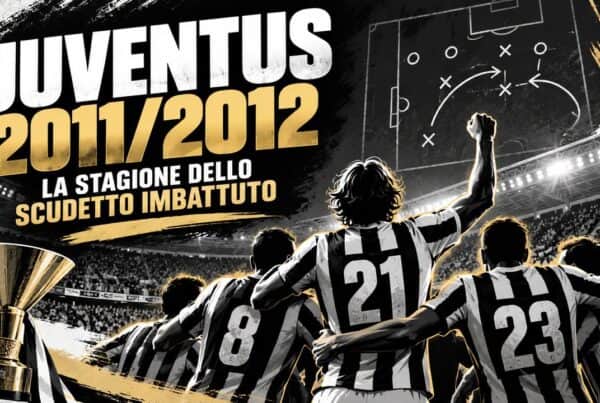 Juventus 2011 2012, giocatori bianconeri di spalle festeggiano lo Scudetto imbattuto in uno stadio illuminato, celebrando una stagione senza sconfitte.