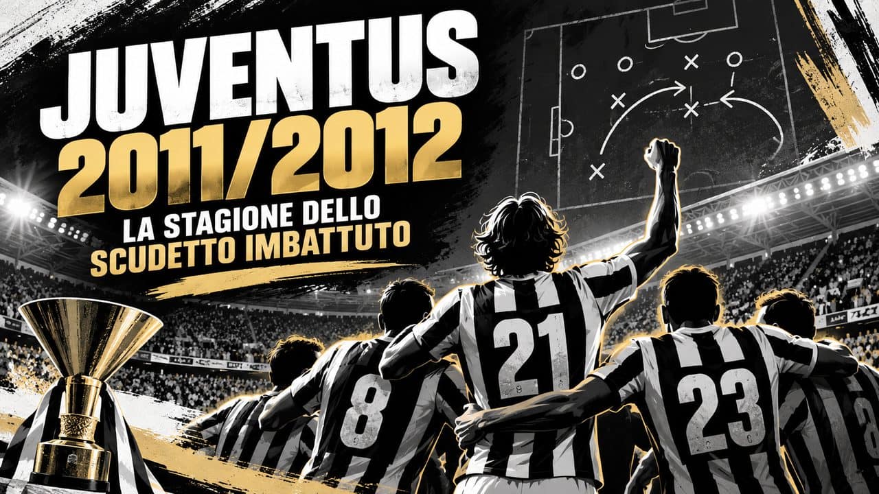 Juventus 2011 2012, giocatori bianconeri di spalle festeggiano lo Scudetto imbattuto in uno stadio illuminato, celebrando una stagione senza sconfitte.