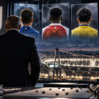 Calciomercato Juventus attaccante gennaio: dirigente bianconero di spalle osserva i possibili rinforzi offensivi davanti allo Stadium illuminato.