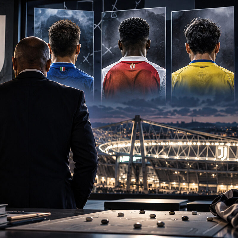 Calciomercato Juventus attaccante gennaio: dirigente bianconero di spalle osserva i possibili rinforzi offensivi davanti allo Stadium illuminato.