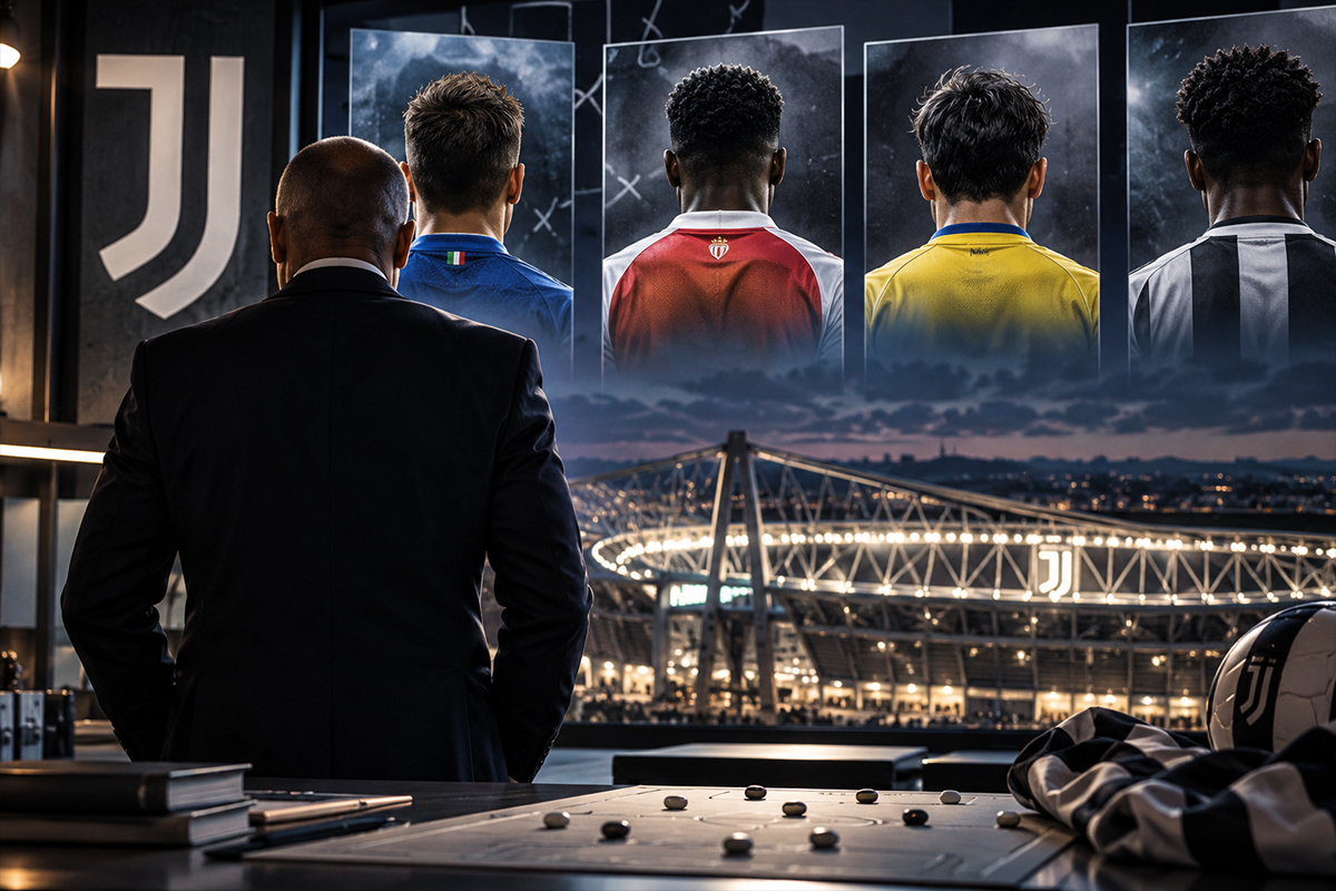 Calciomercato Juventus attaccante gennaio: dirigente bianconero di spalle osserva i possibili rinforzi offensivi davanti allo Stadium illuminato.