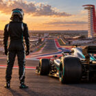 Antonelli campione del mondo ad Austin: illustrazione di un pilota di spalle accanto a una monoposto sul Circuit of the Americas.
