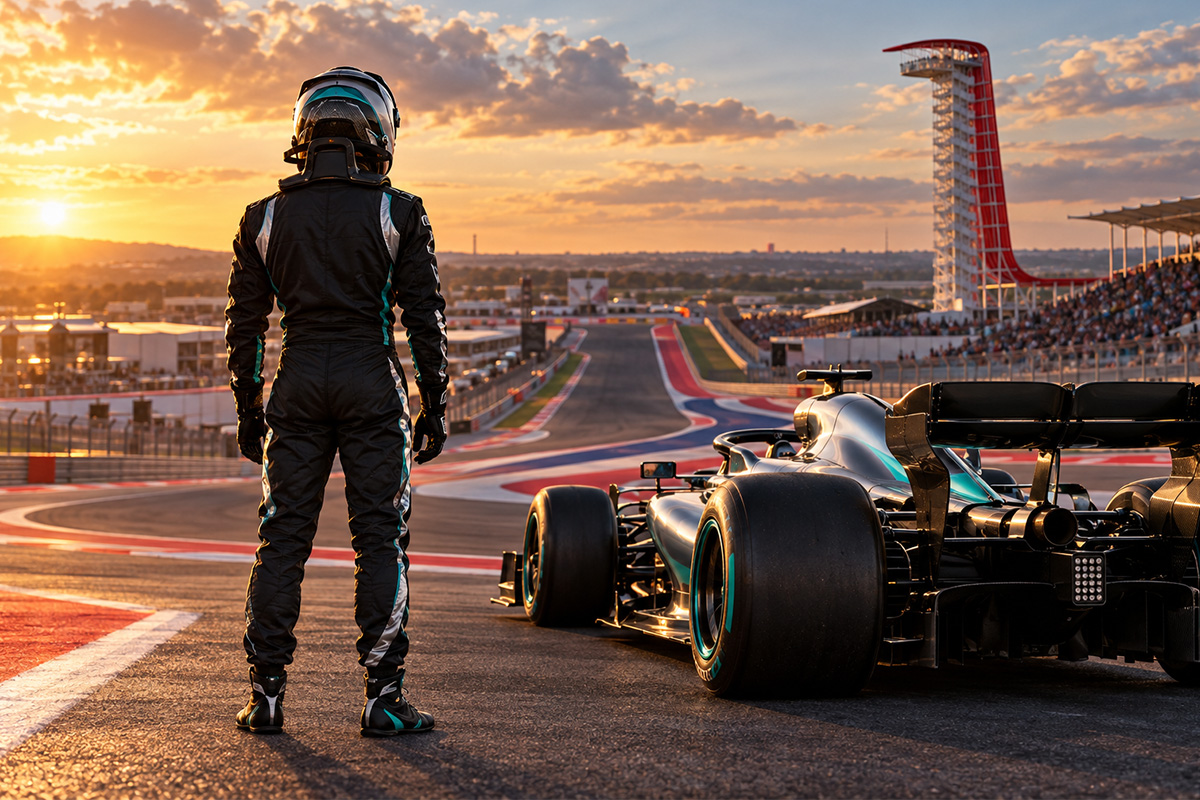 Antonelli campione del mondo ad Austin: illustrazione di un pilota di spalle accanto a una monoposto sul Circuit of the Americas.