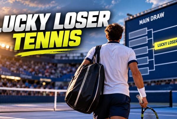Lucky loser tennis, giocatore visto di spalle su un campo da tennis davanti al tabellone principale di un torneo, con evidenziato il posto assegnato tramite ripescaggio.