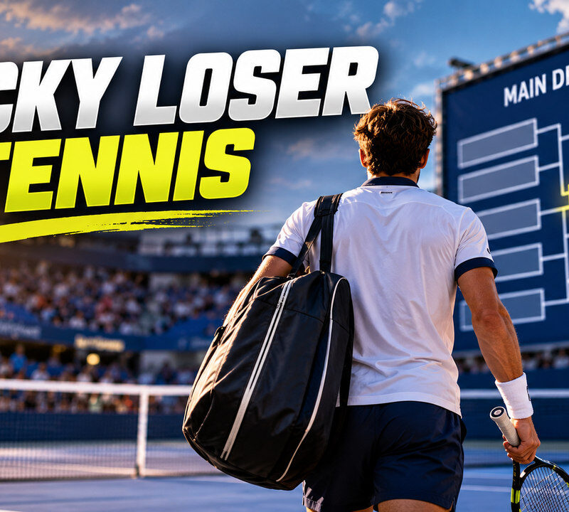 Lucky loser tennis, giocatore visto di spalle su un campo da tennis davanti al tabellone principale di un torneo, con evidenziato il posto assegnato tramite ripescaggio.