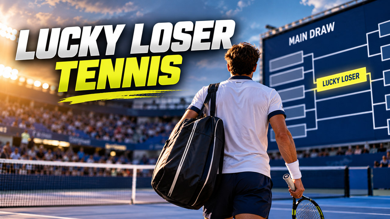Lucky loser tennis, giocatore visto di spalle su un campo da tennis davanti al tabellone principale di un torneo, con evidenziato il posto assegnato tramite ripescaggio.