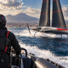 Luna Rossa Coppa America 2027: illustrazione con velista di spalle e barca a vela sui foil nel golfo di Napoli, con il Vesuvio sullo sfondo.