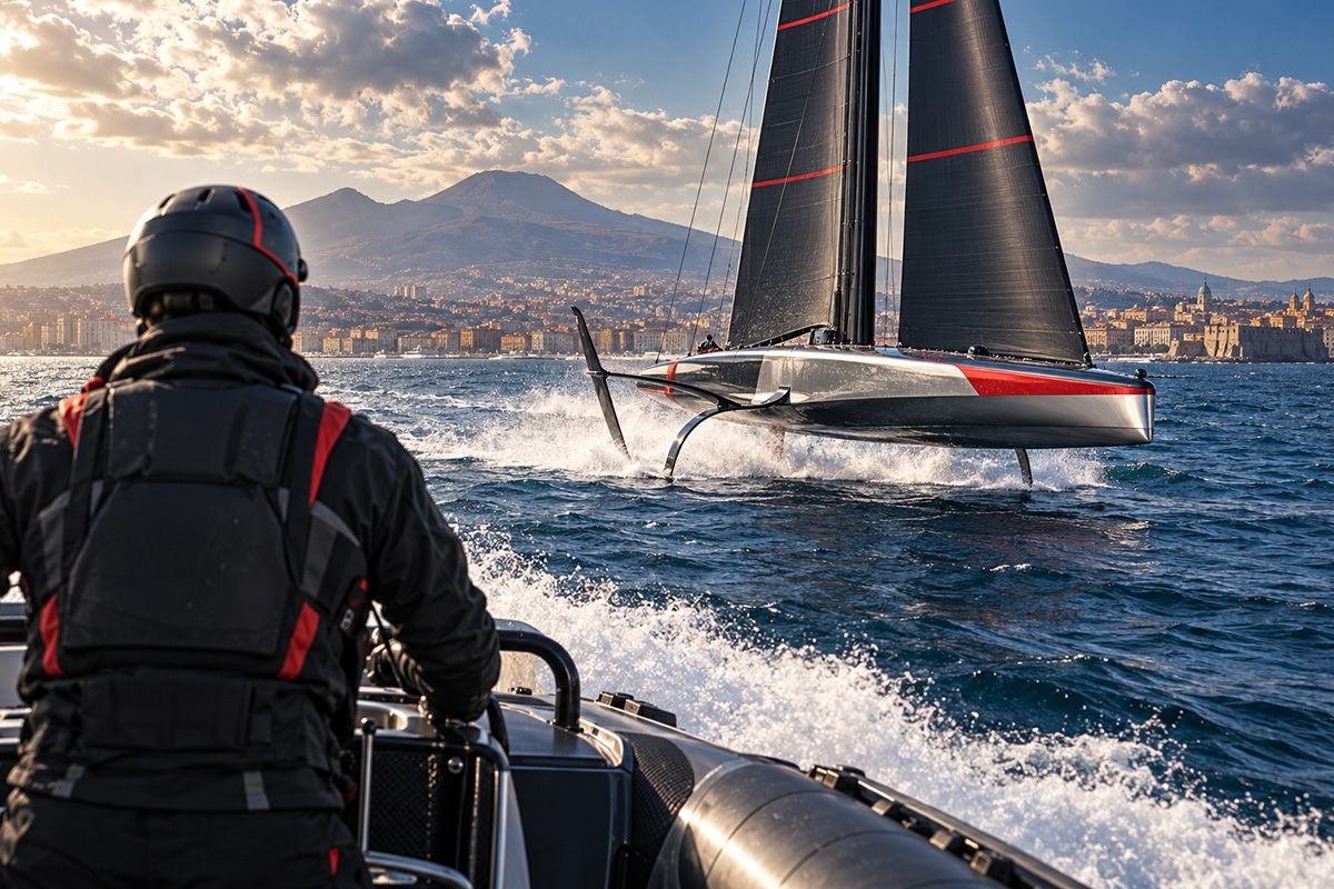 Luna Rossa Coppa America 2027: illustrazione con velista di spalle e barca a vela sui foil nel golfo di Napoli, con il Vesuvio sullo sfondo.