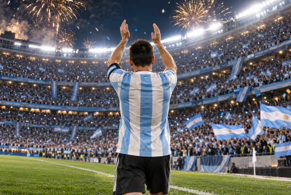 Messi addio Argentina: illustrazione di un calciatore di spalle che applaude i tifosi tra bandiere biancocelesti e fuochi d’artificio