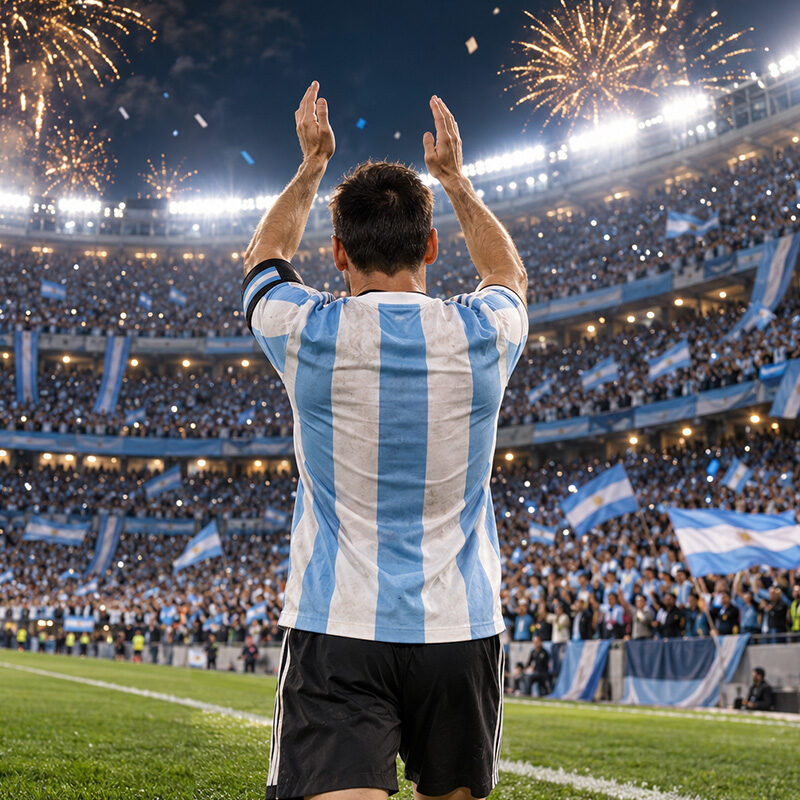 Messi addio Argentina: illustrazione di un calciatore di spalle che applaude i tifosi tra bandiere biancocelesti e fuochi d’artificio