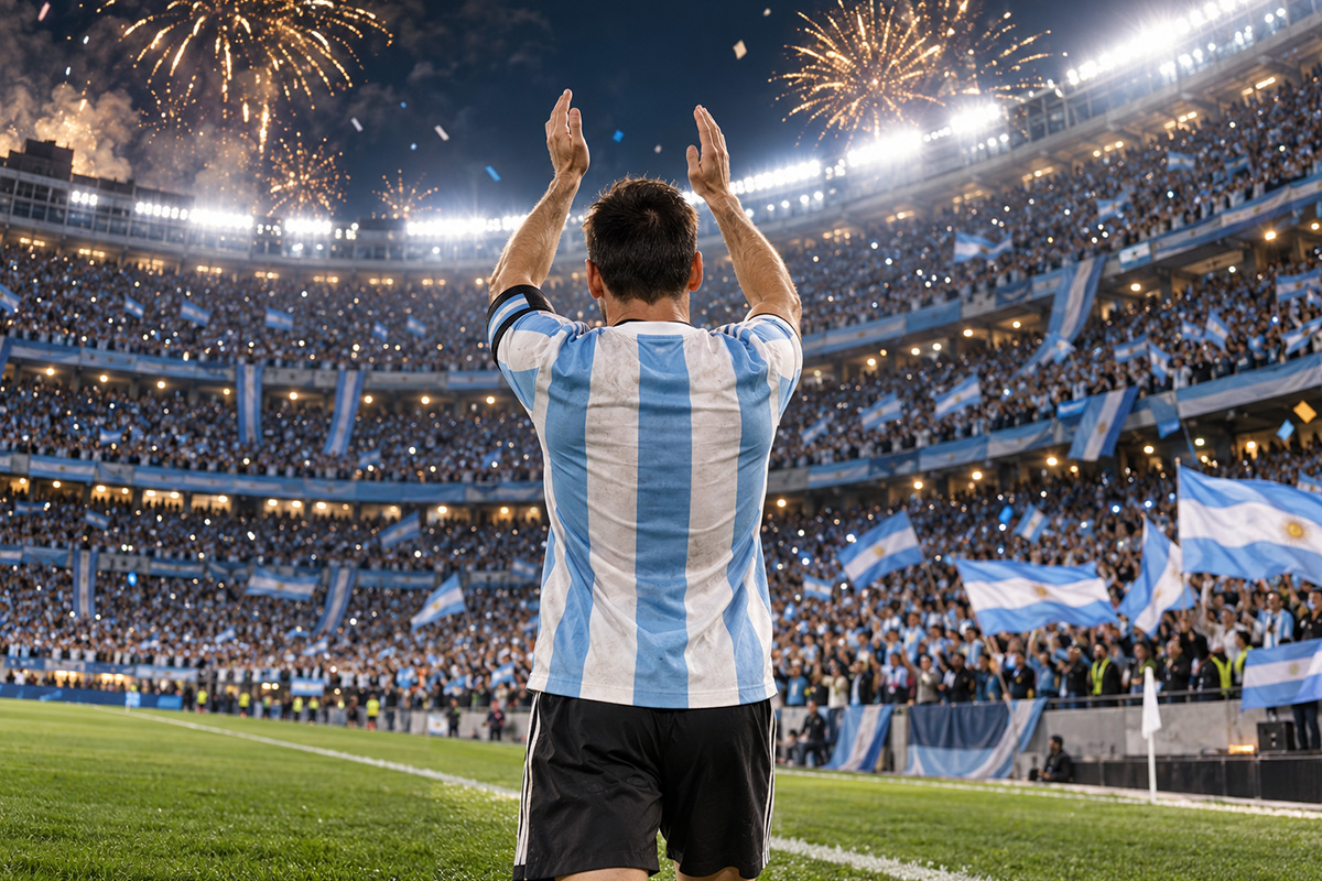 Messi addio Argentina: illustrazione di un calciatore di spalle che applaude i tifosi tra bandiere biancocelesti e fuochi d’artificio