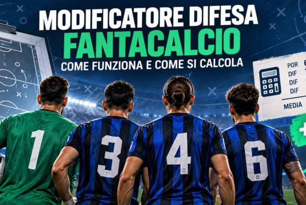 Modificatore difesa fantacalcio: portiere e tre difensori di spalle con esempio di calcolo della media voti e bonus +3.