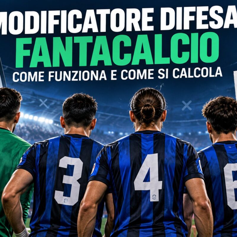 Modificatore difesa fantacalcio: portiere e tre difensori di spalle con esempio di calcolo della media voti e bonus +3.