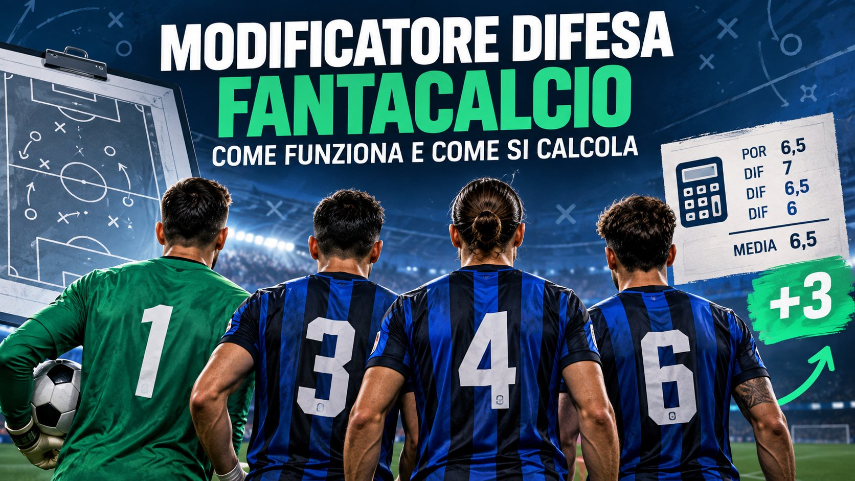 Modificatore difesa fantacalcio: portiere e tre difensori di spalle con esempio di calcolo della media voti e bonus +3.