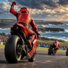 MotoGP Australia Sprint 2026: illustrazione di un pilota su una moto rossa, visto di spalle con il pugno alzato sul circuito costiero di Phillip Island.