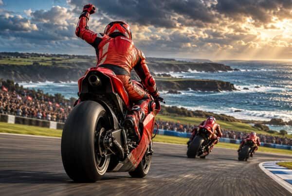 MotoGP Australia Sprint 2026: illustrazione di un pilota su una moto rossa, visto di spalle con il pugno alzato sul circuito costiero di Phillip Island.