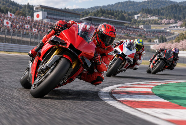 MotoGP Giappone 2026 Sprint: illustrazione di un pilota su moto rossa in curva a Motegi, seguito da due avversari.