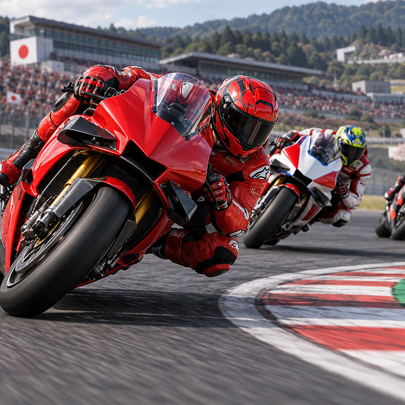 MotoGP Giappone 2026 Sprint: illustrazione di un pilota su moto rossa in curva a Motegi, seguito da due avversari.
