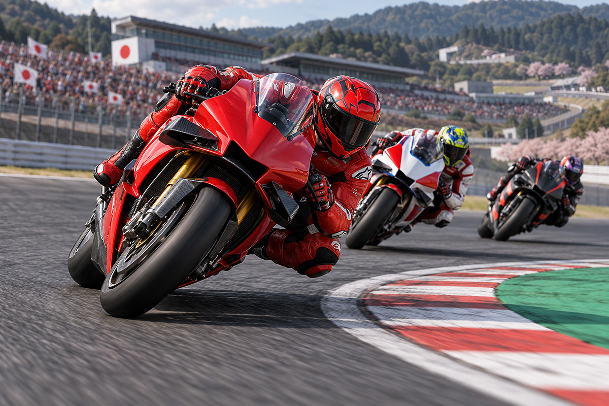 MotoGP Giappone 2026 Sprint: illustrazione di un pilota su moto rossa in curva a Motegi, seguito da due avversari.