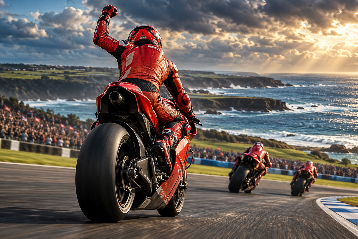 MotoGP Australia Sprint 2026: illustrazione di un pilota su una moto rossa, visto di spalle con il pugno alzato sul circuito costiero di Phillip Island.