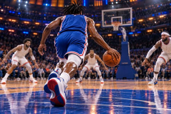 Risultati NBA: illustrazione di un cestista in divisa blu di spalle, in palleggio contro la difesa avversaria in un’arena gremita.