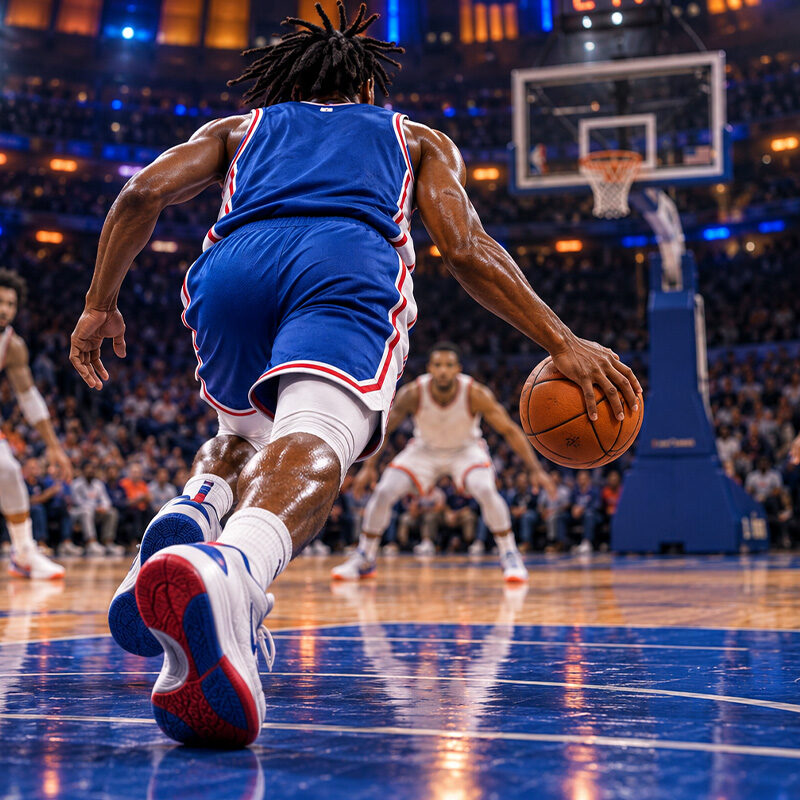 Risultati NBA: illustrazione di un cestista in divisa blu di spalle, in palleggio contro la difesa avversaria in un’arena gremita.