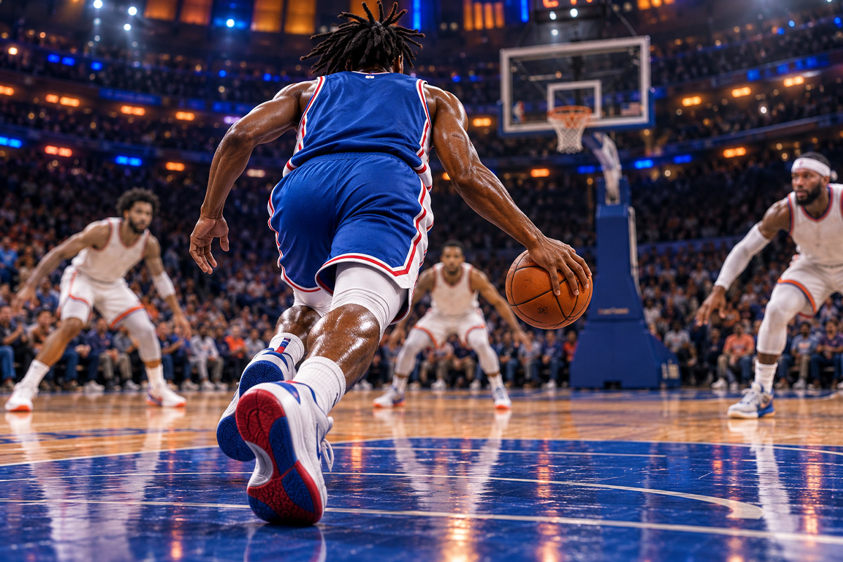 Risultati NBA: illustrazione di un cestista in divisa blu di spalle, in palleggio contro la difesa avversaria in un’arena gremita.