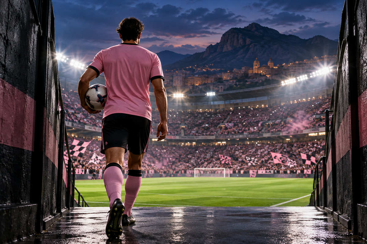 Palermo Serie B: calciatore rosanero di spalle con il pallone esce dal tunnel verso il campo illuminato, davanti agli spalti gremiti