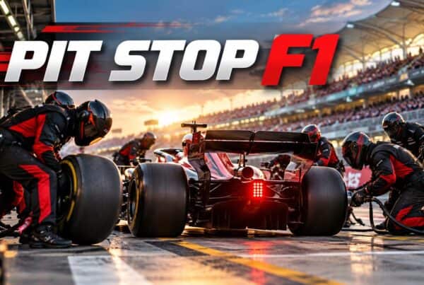 Pit stop F1 durante una gara di Formula 1, con i meccanici al lavoro per sostituire rapidamente gli pneumatici della monoposto ai box.