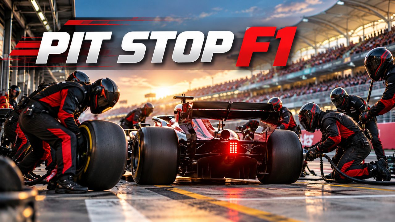Pit stop F1 durante una gara di Formula 1, con i meccanici al lavoro per sostituire rapidamente gli pneumatici della monoposto ai box.