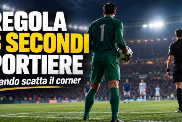 Regola 8 secondi portiere: estremo difensore con il pallone tra le mani e arbitro che segnala il conteggio durante una partita di calcio.
