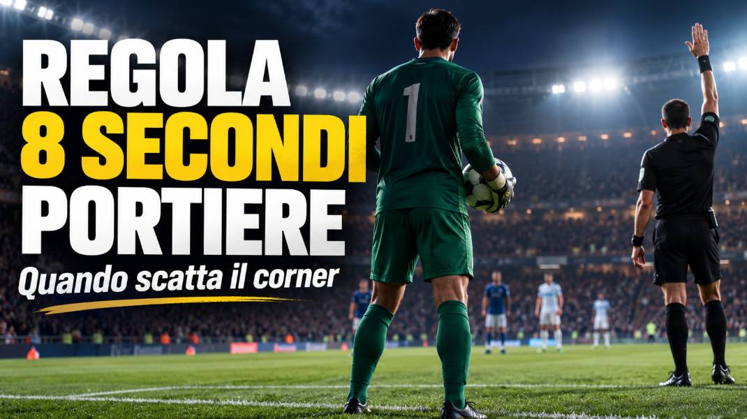 Regola 8 secondi portiere: estremo difensore con il pallone tra le mani e arbitro che segnala il conteggio durante una partita di calcio.