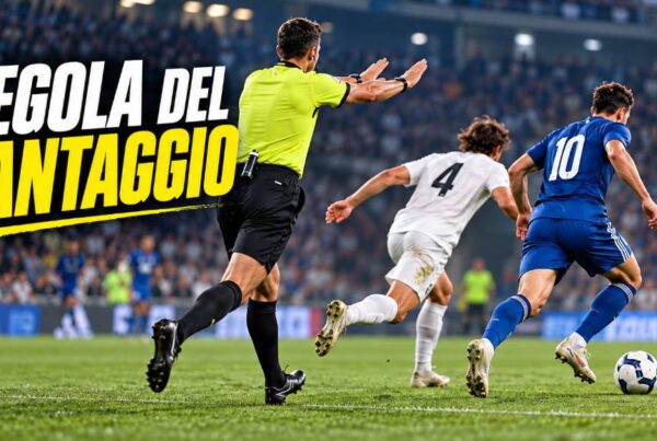Regola del vantaggio nel calcio: arbitro segnala la prosecuzione del gioco dopo un fallo mentre un calciatore avanza con il pallone.