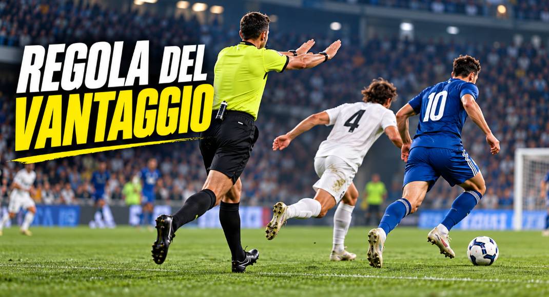 Regola del vantaggio nel calcio: arbitro segnala la prosecuzione del gioco dopo un fallo mentre un calciatore avanza con il pallone.