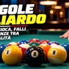 Regole biliardo: tavolo da pool con biglie numerate, stecca e giocatore durante la preparazione di un tiro.