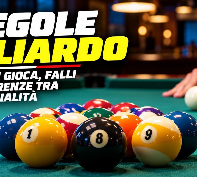 Regole biliardo: tavolo da pool con biglie numerate, stecca e giocatore durante la preparazione di un tiro.